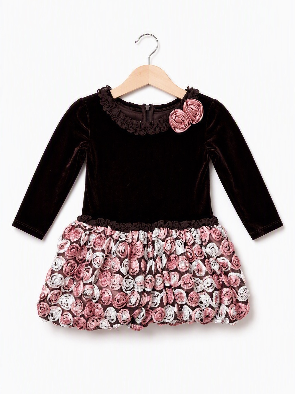 Bonnie Jean Brown Velvet Long Sleeve 3D Pink Rosette Bubble Hem Dress 3T